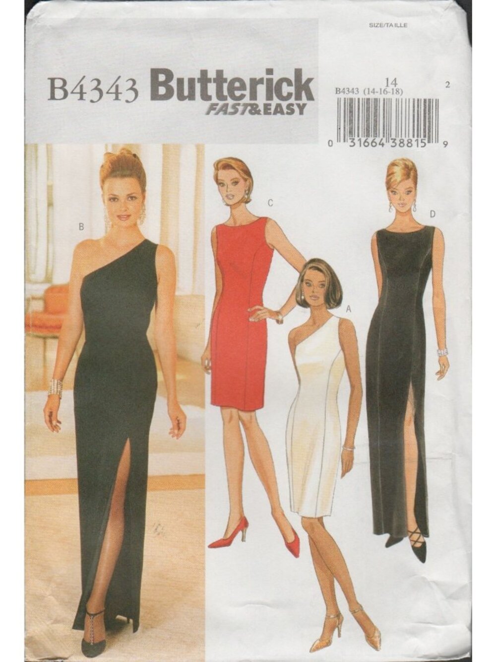 Butterick 4343 Sz 14-18 One Shoulder Sheath Dress Cocktail Formal Pattern Uncut